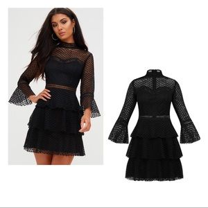 PrettyLittleThing Black Flare Sleeve Lace Tiered Mini Dress